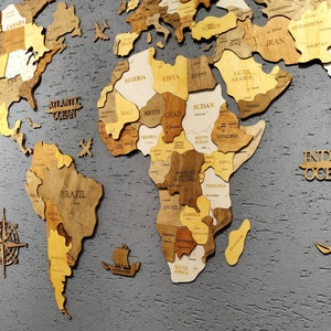 Wereldkaart, houten kaart, Wall Art Decor, houten wereldkaart, 3D wereldkaart, grote kaart, bruine kleur houten kaart, 3D houten wereldkaart, Housewarming cadeau, MAP3