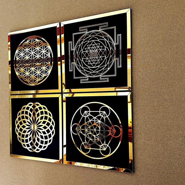 Sacred Geometry Wood & Acrylic Wall Art: Flower of Life, Metatron's Cube (Set of 4)
