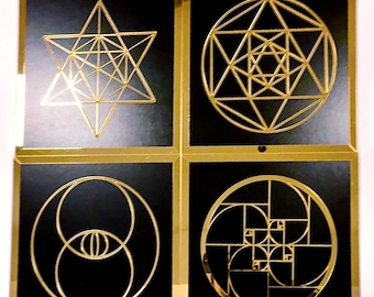 Decoración de pared en madera y acrílico con motivos de geometría sagrada: Flor de la Vida, Cubo de Metatrón (Juego de 4)