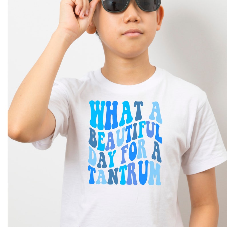 May include: White t-shirt with a blue and light blue graphic that says "What a beautiful day for a tantrum".