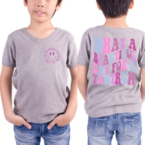 May include: Gray V-neck t-shirt with a smiley face on the front and the text "WHAT A BEAUTIFUL DAY FOR A TANTRUM" in rainbow colors on the back.