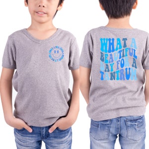 May include: Gray V-neck t-shirt with a blue smiley face on the front and the text "What a beautiful day for a tantrum" in blue on the back.