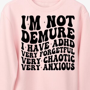 May include: Pink sweatshirt with black text that reads "I'm not demure I have ADHD very forgetful very chaotic very anxious".