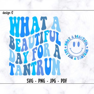 May include: A blue and white graphic design with the text "What a beautiful day for a tantrum" in a wavy font. A smaller circle with a smiley face and the text "What a beautiful day for a tantrum" is in the upper right corner.