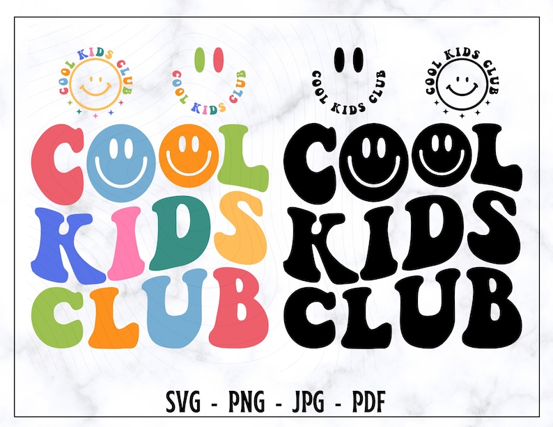 Peut inclure: Un design graphique color&eacute; avec le texte "Cool Kids Club" dans un style r&eacute;tro. Les lettres sont de diff&eacute;rentes couleurs et formes, avec un smiley dans chaque lettre. Le design est parfait pour un club pour enfants ou une marque amusante et ludique.