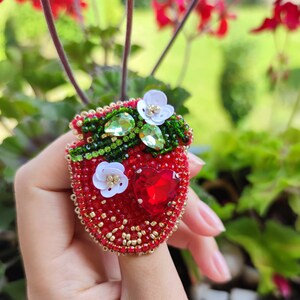 Brooch Strawberry bead embroidery