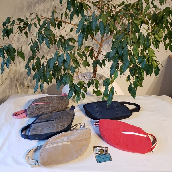 Sac banane réinventé, design unique, en matériaux recyclés, jean ou velours fines cotes ou tissu écossais