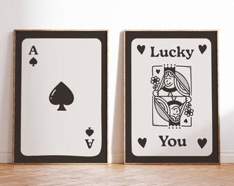 Set of 2 Trendy Prints, Retro Groovy Print, Playing Card Poster, Set of 2, Retro Wall Art, Aesthetic Poster, Lucky You Print, Black Wall Art