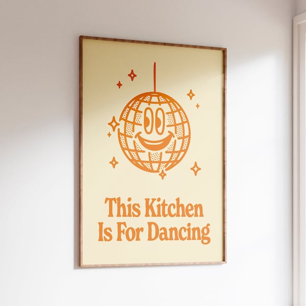 Aesthetic Kitchen Decor, Cute Dance Art, Orange Kitchen Wall Art Print, Retro Illustration Print, Trendy Kitchen Poster, Digital Download