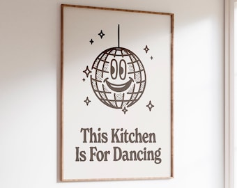 Trendy Kitchen Decor, Cute Dance Art, Kitchen Wall Art Print, Retro Disco Ball Print, Groovy Kitchen Poster, Retro Wall Art, Black Poster