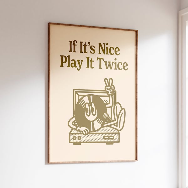 If It's Nice Play It Twice Record Poster, Vintage Record Wall Art, Retro Home Decor, Aesthetic Brown and Beige Print, Retro Music Prints