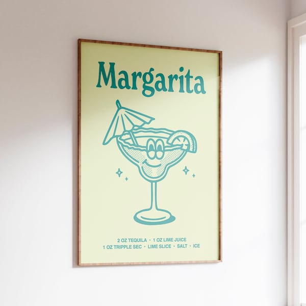 Colorful Margarita Print, Retro Cocktail Glass Poster, Retro Bar Cart Wall Art, Vintage Liquor Poster, Digital Download, Trendy Cocktail Art