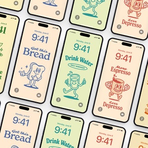 May include: Nine phone screens with different illustrations and text. The text on the screens reads "Don't Give Fucculent", "Get this Bread", "Drink Water DAILY REMINDER", "More Espresso Less Depresso", "Getti Shit Done", "Get this Bread", "Drink Water DAILY REMINDER", "More Espresso Less Depresso", and "Getti Shit Done".