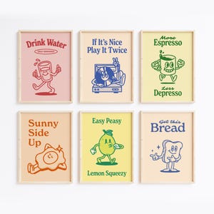 Set of 6 Printable Retro Quote Posters, Colorful Character Wall Art for Kitchen or Dorm, Funny Digital Downloads for Positive Decor