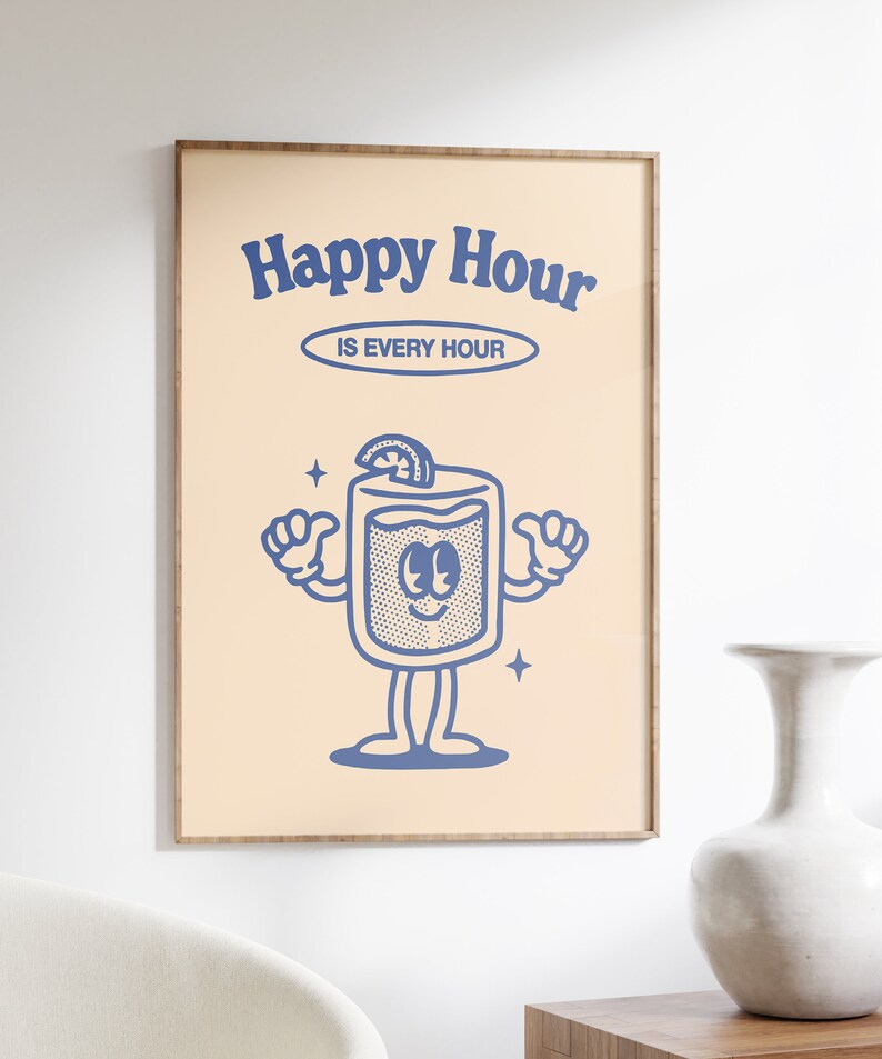 Set of 6 Retro Wall Art Prints, Blue Gallery Wall Set, Funky Groovy