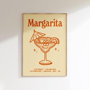 Przepis na margaritę, wydrukowana sztuka ścienna, plakat retro z pomarańczowym koktajlem do baru lub wystroju kuchni, zabawny letni nadruk na drinka do domowego baru