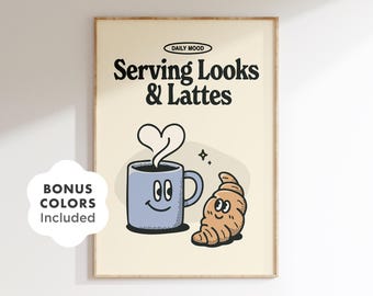 Retro Coffee Print: Funny Latte & Pastry Illustration (Digital Download)