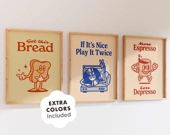 Set of 3 Funny Retro Wall Art Prints, Get This Bread Coffee Vinyl Posters, Printable Kitchen Decor for Dorm Room or Foodie Gift Download