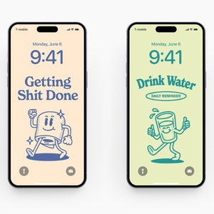 May include: Two smartphone screens with a light yellow background. The left screen has a blue cartoon character with the text "Getting Shit Done". The right screen has a green cartoon character with the text "Drink Water Daily Reminder".
