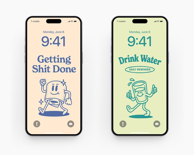 May include: Two smartphone screens with a light yellow background. The left screen has a blue cartoon character with the text "Getting Shit Done". The right screen has a green cartoon character with the text "Drink Water Daily Reminder".