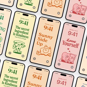 May include: A collage of nine phone screens with different motivational quotes and illustrations. Each screen displays the time 9:41 and the date Monday, June 6. The quotes include "Never Stop Growing", "The Secret Ingredient Is Kindness", "Sunny Side Up", "Love Yourself", and "Happy Hour Is Every Hour".