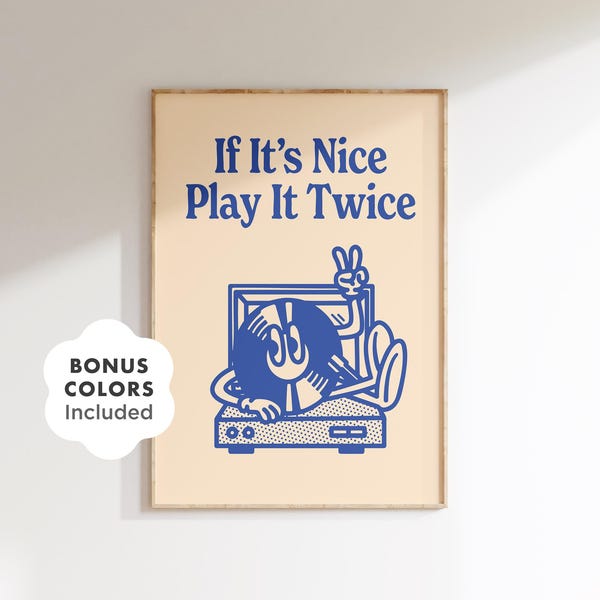 Retro Vinyl Record Player Art Print, Play It Twice Quote (Digital Download)
