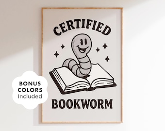 Retro Bookworm Print: Funny Library Poster, Reading Nook Decor (Digital Download)