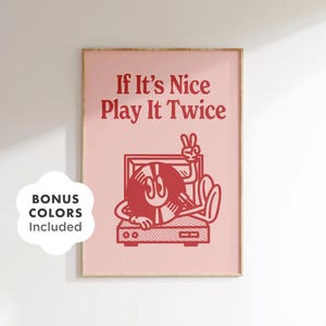 Rosa Retro Musik Wand Kunst zum ausdrucken, Play It Twice Vinyl Poster für Schlafzimmer oder Wohnheim Dekor, digitaler Download für Musikliebhaber und Schallplattenfans