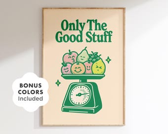 Retro Green Kitchen Print: Funny Fruit Poster, Cafe Pantry Decor (Digital Download)