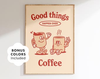 Coffee Lover Printable Wall Art, Retro Kitchen Decor with Cute Mug Characters, Funny Digital Download for Café Vibes or Coffee Bar