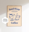 Retro Coffee Print, Good Things Happen Over Coffee, Blue Kitchen Wall Art, Coffee Bar Decor, Cute Cafe Poster, Caffeine Lover Gift