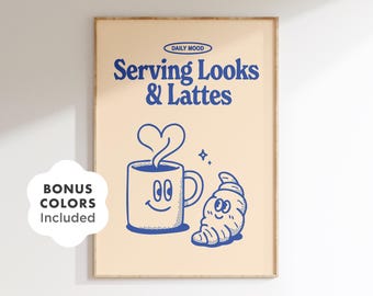 Retro Cafe Art Print: Funny Latte & Croissant Poster (Digital Download)