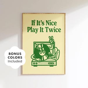 Retro Vinyl Wand Kunst druckbare, grüne Plattenspieler Poster mit Play It Twice Zitat, digitaler Download für Wohnheim Zimmer, Schlafzimmer oder Musikstudio