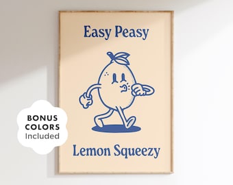 Retro Lemon Wall Art Printable, Easy Peasy Lemon Squeezy Funny Kitchen Decor, Digital Download Citrus Poster for Foodie Gift