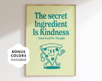 Kindness Pizza Poster, Retro Kitchen Print, Groovy Wall Art (Digital Download)