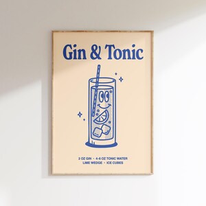 Gin And Tonic Printable Wall Art, Niebieski Retro Przepis Na Koktajle Plakat Do Baru Lub Wystrój Kuchni, Zabawna Grafika Na Napój Alkoholowy