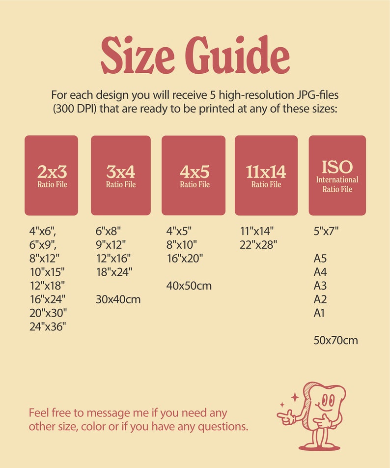 May include: A size guide for digital prints, showing different aspect ratios and corresponding sizes in inches and centimeters. The guide includes sizes for 2x3, 3x4, 4x5, 11x14, and ISO international paper sizes.