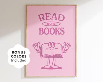 Póster retro "Leer más libros": Arte mural con personajes de libros (descarga digital)