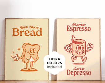 Set of 2 Funny Printable Wall Art, Retro Toast and Coffee Posters for Kitchen or Office, Get This Bread and More Espresso Less Depresso Set