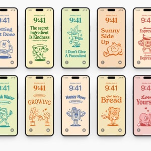 May include: Ten different phone screen designs with motivational quotes and illustrations. The designs feature a variety of colors and styles, including a cup of coffee, a slice of pizza, a plant, a fried egg, a glass of water, a sunflower, a cocktail, a loaf of bread, and a heart.