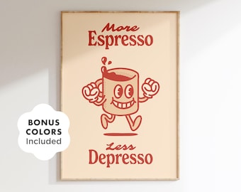 Vintage More Espresso Less Depresso Print, Funny Coffee Wall Art, Red Kitchen Poster, Espresso Bar Decor, Coffee Lover Gift, Cafe Art