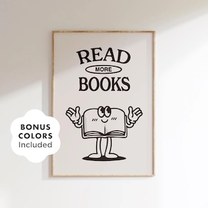 Retro Lese Wand Kunst zum ausdrucken, lesen Sie mehr Bücher Poster für Buchliebhaber, Vintage-Stil Hausbibliothek Dekor, digitaler Download Druck