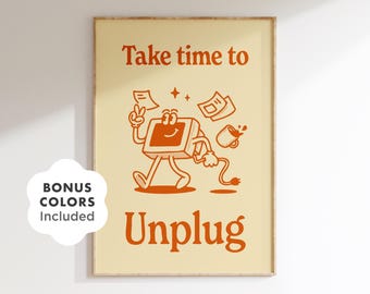 Unplug-retroprint, mindful kunst aan de muur, vintage kantoordecor (digitale download)