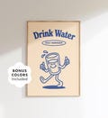 Retro Drink Water Print, Funny Wellness Wall Art, Blue Kitchen Poster, Daily Reminder Decor, Bathroom Wall Art, Self Care Gift