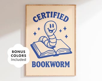 Funny Bookworm Reading Poster: Retro Library Decor (Digital Download)