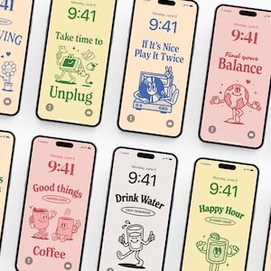 Retro iPhone Wallpaper Set of 10, Aesthetic Digital Phone Backgrounds with Quotes, Groovy Vintage Lock Screens for Self Care Vibes