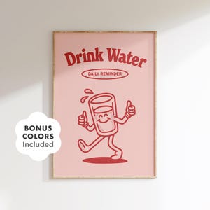 Drink Water Retro Printable Wall Art – Funny Hydration Reminder Poster, Groovy Self Care Bathroom Decor, Cute Wellness Kitchen Download