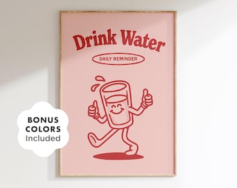 Retro Drink Water Print – Funny Bathroom Wellness Poster (Digital Download)
