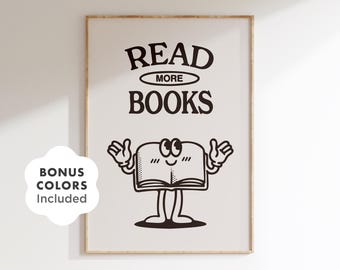 Read More Books Print, Retro Book Character Wall Art, Black & White Reading Poster, Bookworm Gift, Classroom Wall Art, Teacher Gift