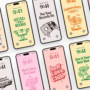 以下が含まれることがあります： カラフルなロック画面を表示する複数のスマートフォン。各画面には、「Read More Books」などのモチベーションを高めるフレーズと時刻が表示された、異なるレトロスタイルのグラフィックが表示されています。